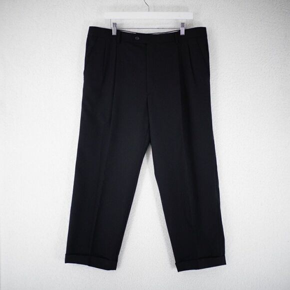 Pronto Uomo Wool Black Pleated Cuffed High Rise Dress Pants 38/27 Lined Partiall - Picture 1 of 7